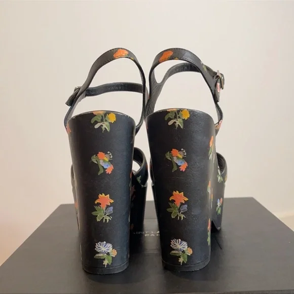 SAINT LAURENT Floral Leather Wedges Black - Picture 3 of 5